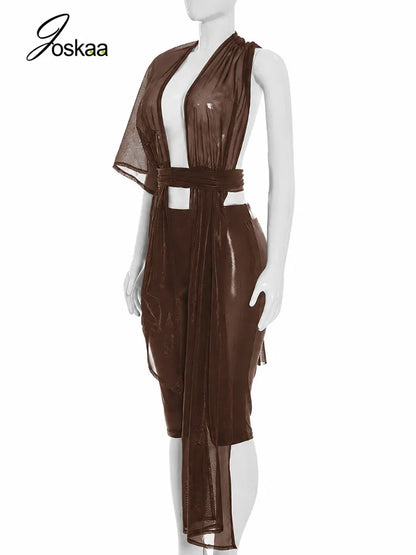 Women's Mesh Backless One Shoulder Two Piece Set - Detail View