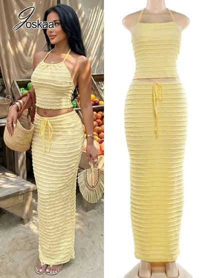 Women's Halter Two Piece Set Yellow Ruffle - Detail View 1