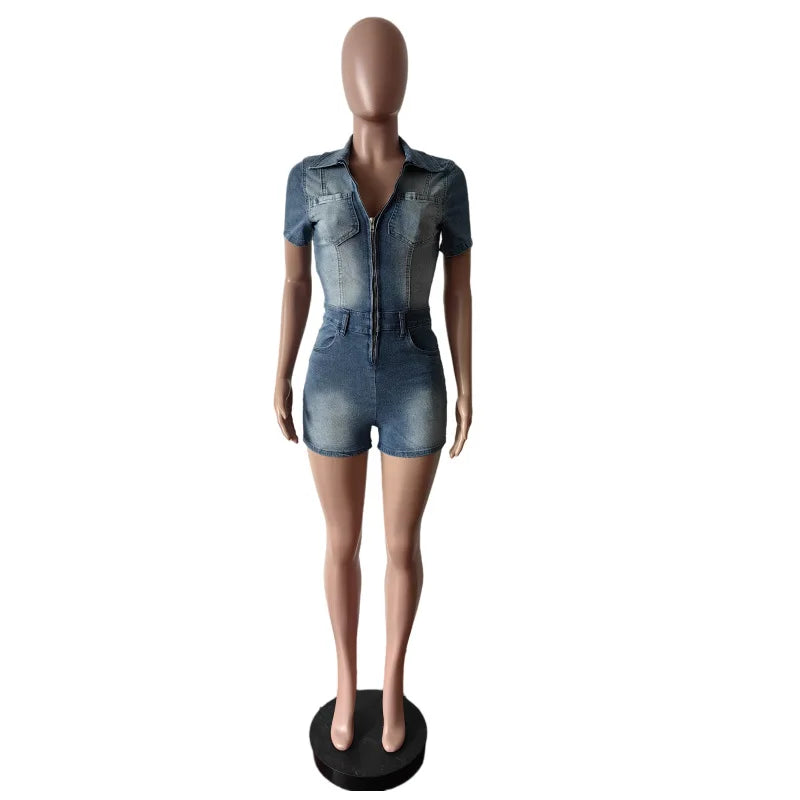Women's Denim Short Sleeve Bodycon Romper