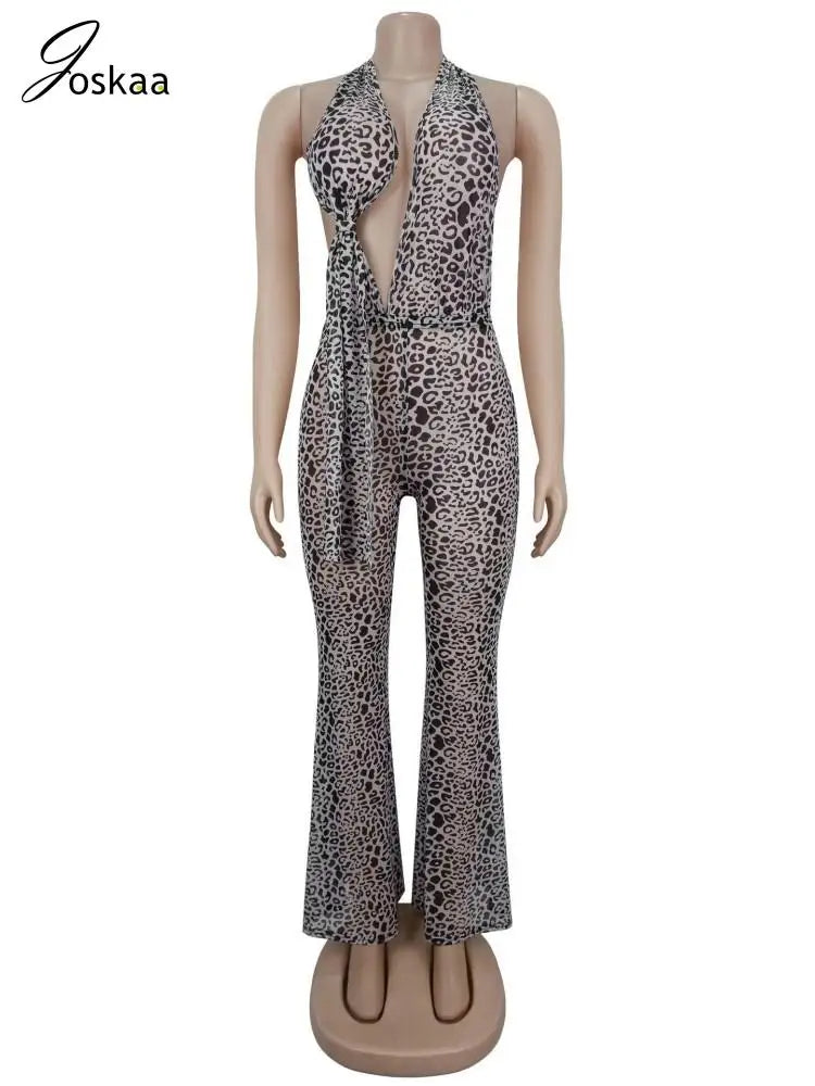 Women's Leopard Print Mesh Backless Romper Apricot – Back View