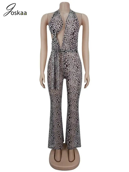 Women's Leopard Print Mesh Backless Romper Apricot – Back View