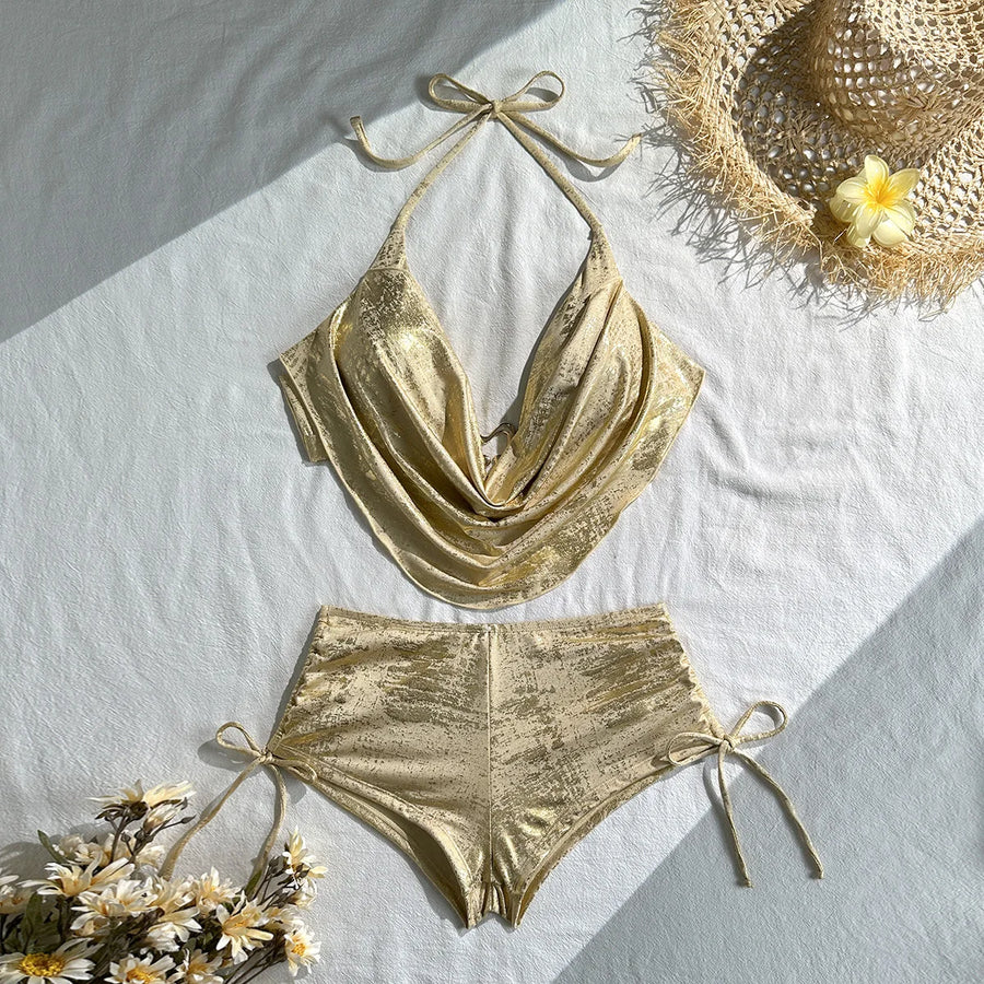 Women's Halter Swimwear Shiny Gold Swimsuit - Additional View 7