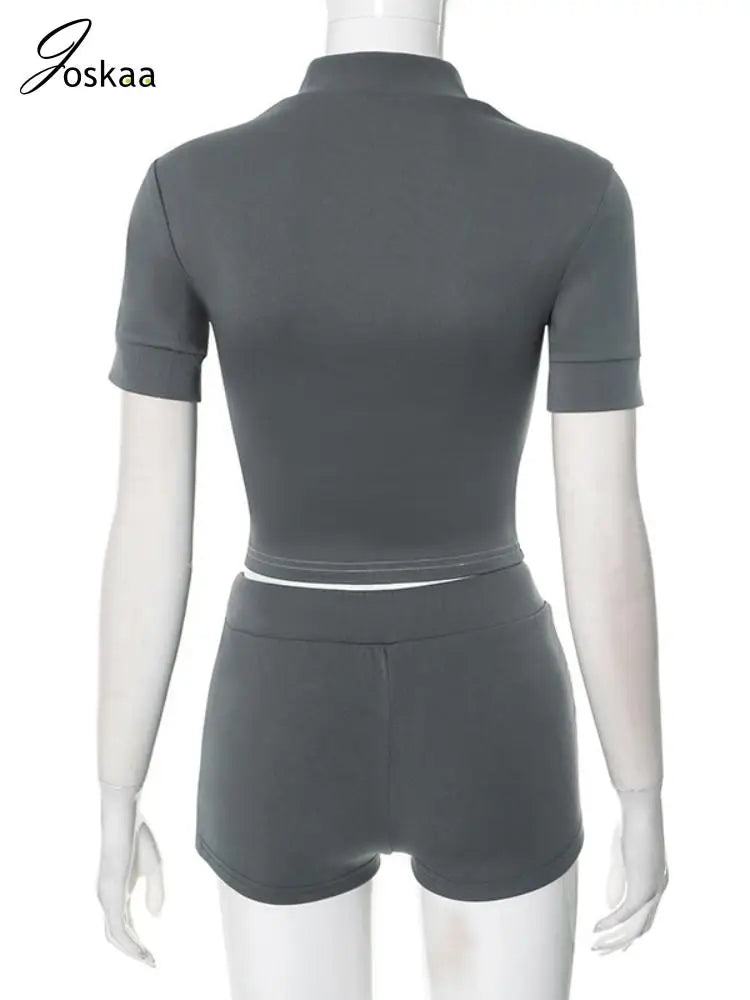 Women's Short Sleeve Crop Zip Two Piece Set Pink – Detail View