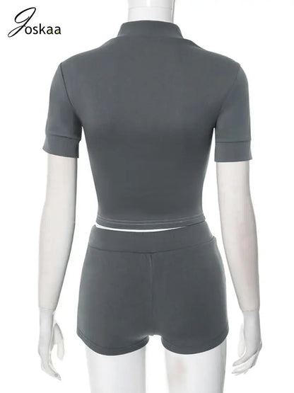 Women's Short Sleeve Crop Zip Two Piece Set Pink – Detail View