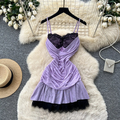 Women's Mesh Lace Ruched V-neck Mini Dress - Additional View 10