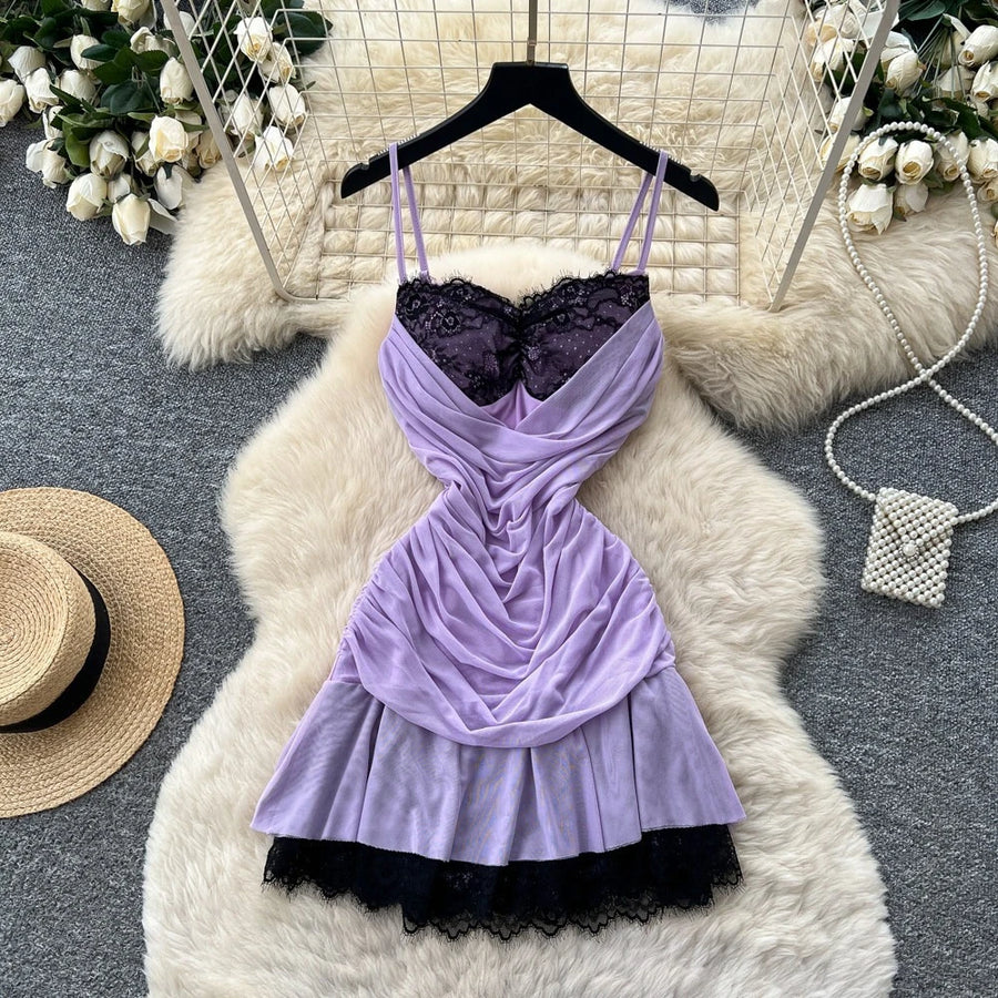 Women's Mesh Lace Ruched V-neck Mini Dress - Additional View 10