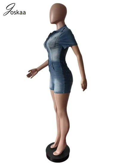 Women's Denim Short Sleeve Bodycon Romper Blue – Detail View