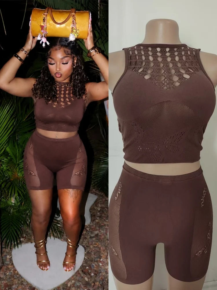 Women's Mesh Cutout Two Piece Set Print Hollow - Detail View 6