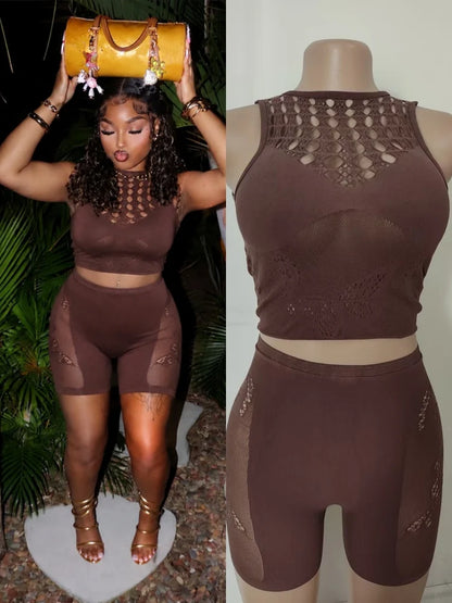Women's Mesh Cutout Two Piece Set Print Hollow - Detail View 6