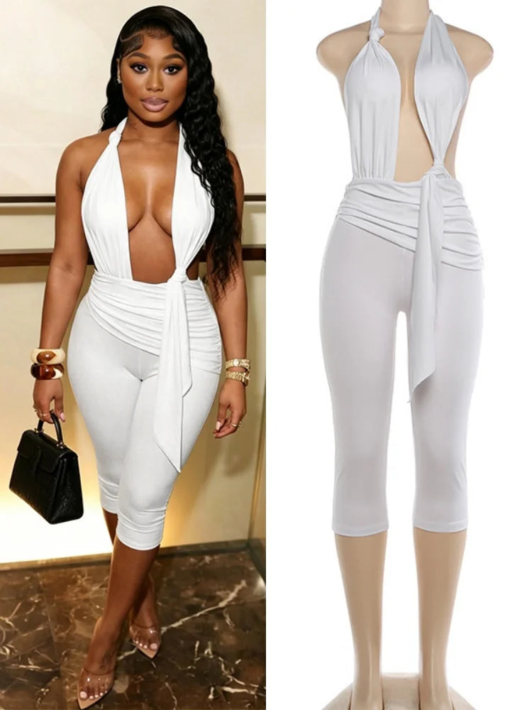 Women's Ruched Backless V-neck Halter Romper - Detail View 7