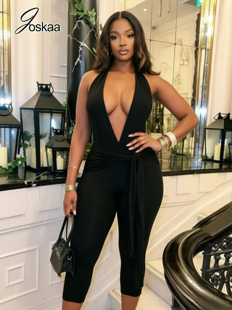 Women's Backless V-neck Halter Sleeveless Romper - Front View