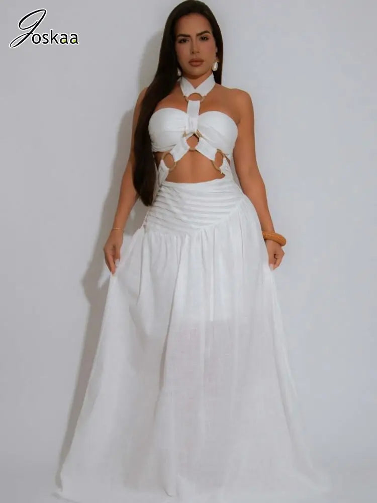Women's Backless Halter Maxi Two Piece Bikini Set White – Side View