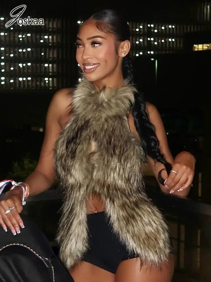 Women's Backless Cutout Halter Faux Fur Slit Top Brown – Front View