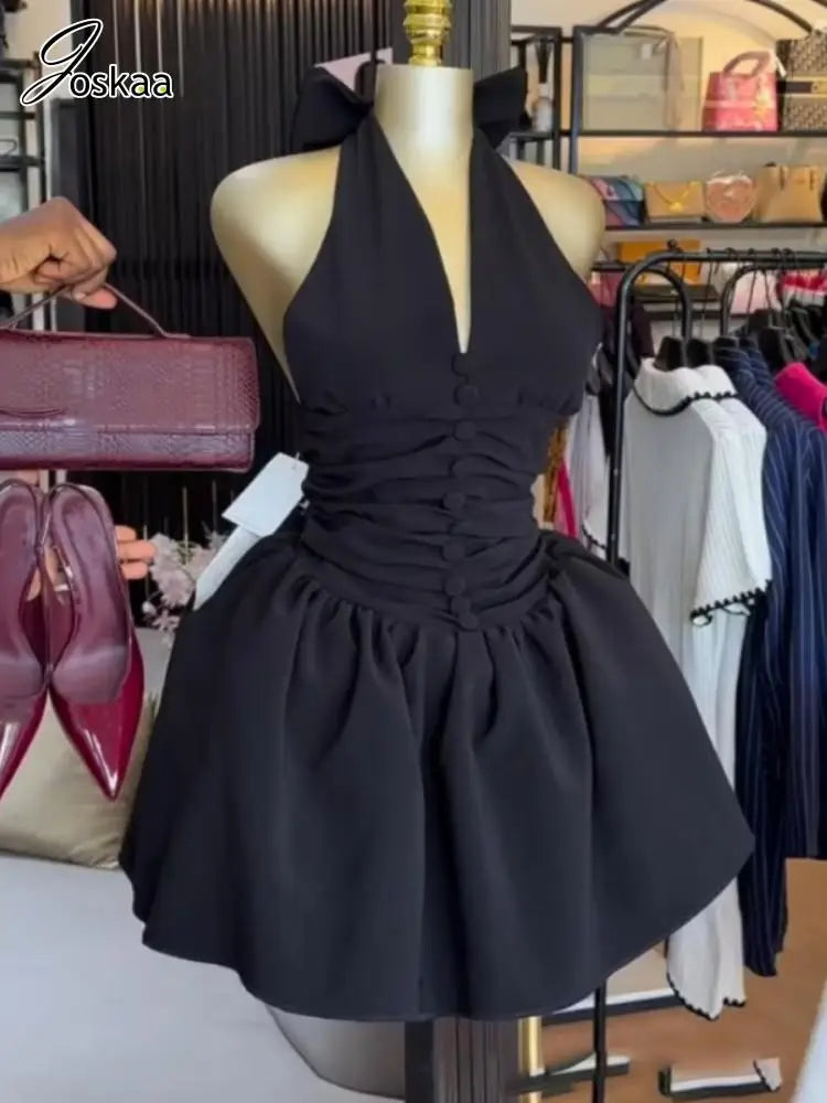 Women's Backless Halter Bodycon Mini Dress Black – Front View
