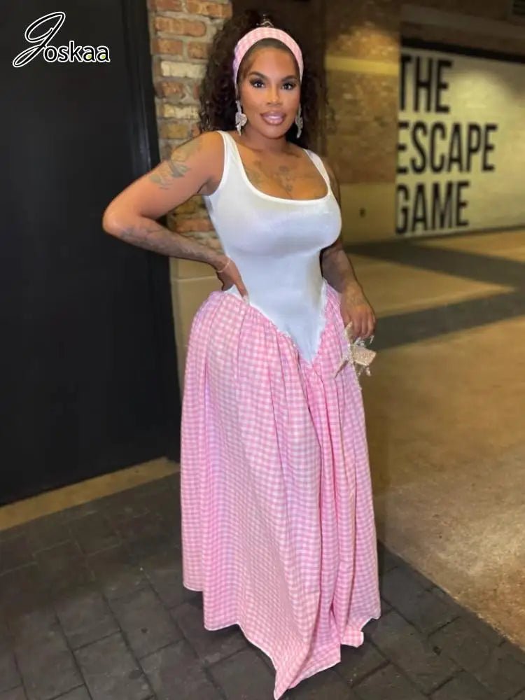 Women's Sleeveless Bodycon Plaid Maxi Dress Pink – Front View