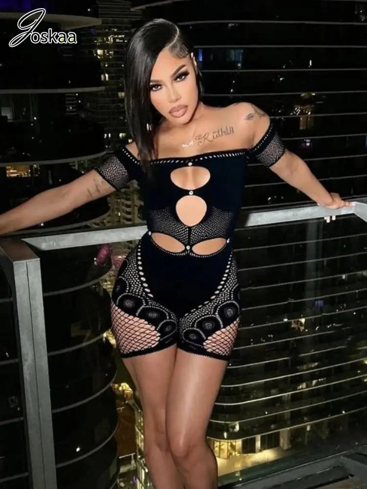 Women's Rhinestone Cutout Short Sleeve Romper Black – Back View
