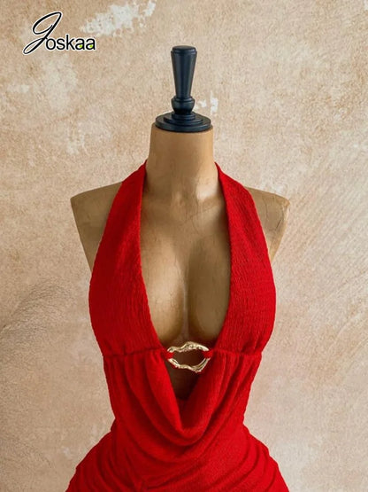 Women's Backless Halter Bodycon Mini Dress Red – Detail View