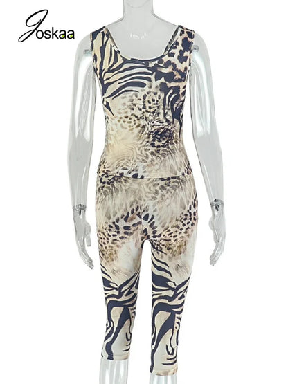 Women's Leopard Print Sleeveless Crop Two Piece Set Leopard Print – Detail View