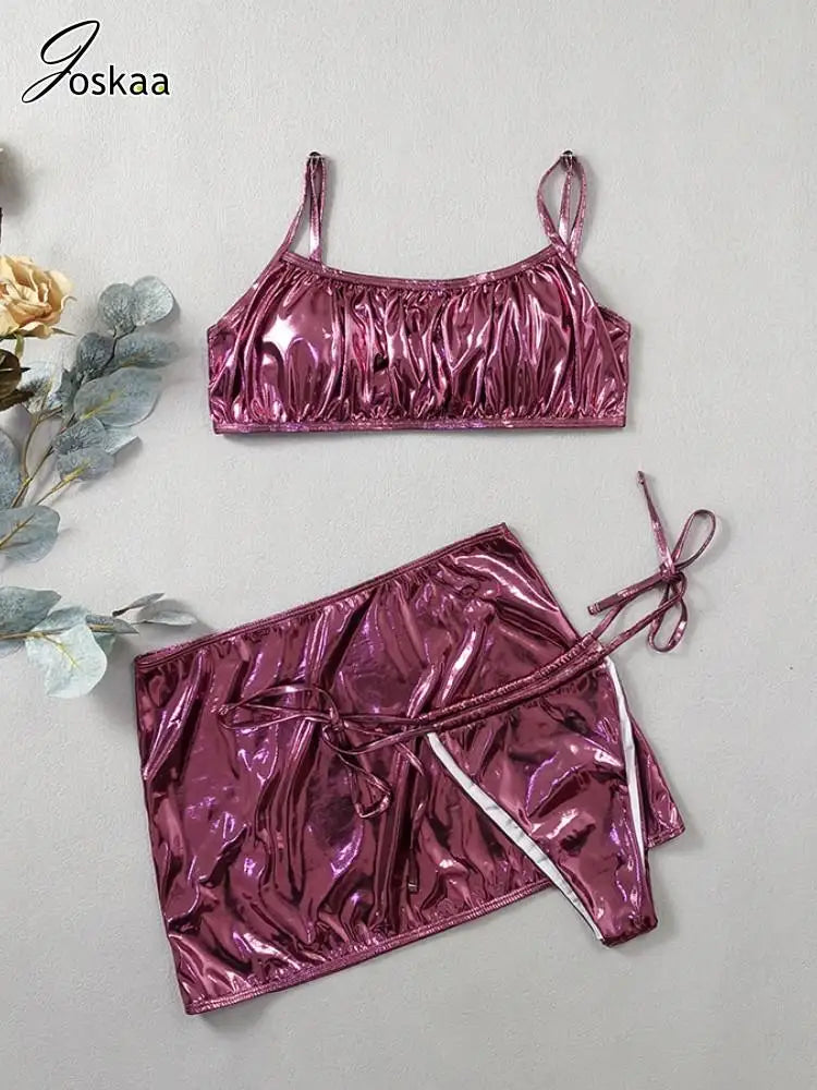 Women's Sequin Swimwear Bronzing Shiny Bikini Set Bright Pink 3 Pcs – Back View