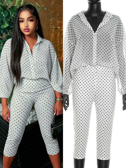 Women's Polka Dot Long Sleeve High Waist Two Piece Set Hipster - Detail View 7