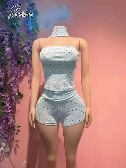 Women's Polka Dot Strapless High Waist Two Piece Set - Model Wearing Style