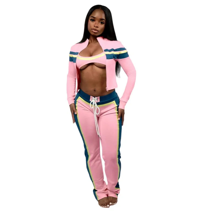Women's Long Sleeve Sporty Patchwork Top Two Piece Set