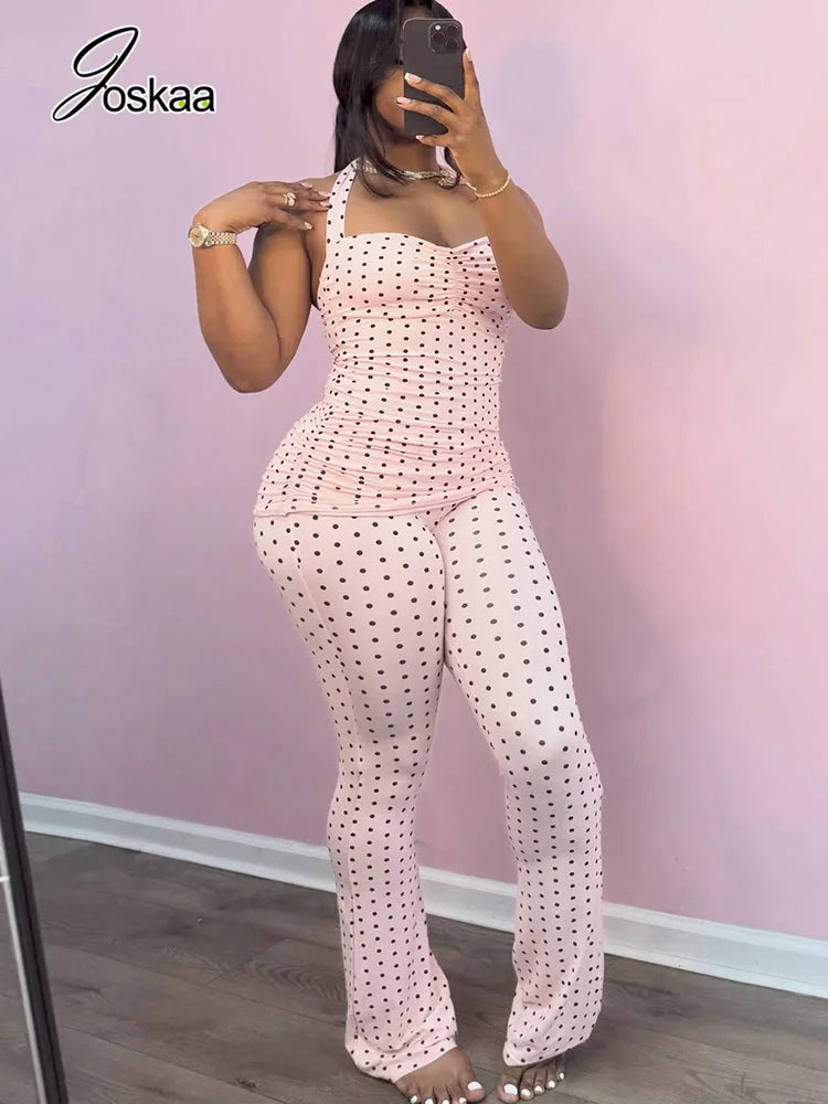 Women's Polka Dot Backless Halter Two Piece Set Pink – Side View