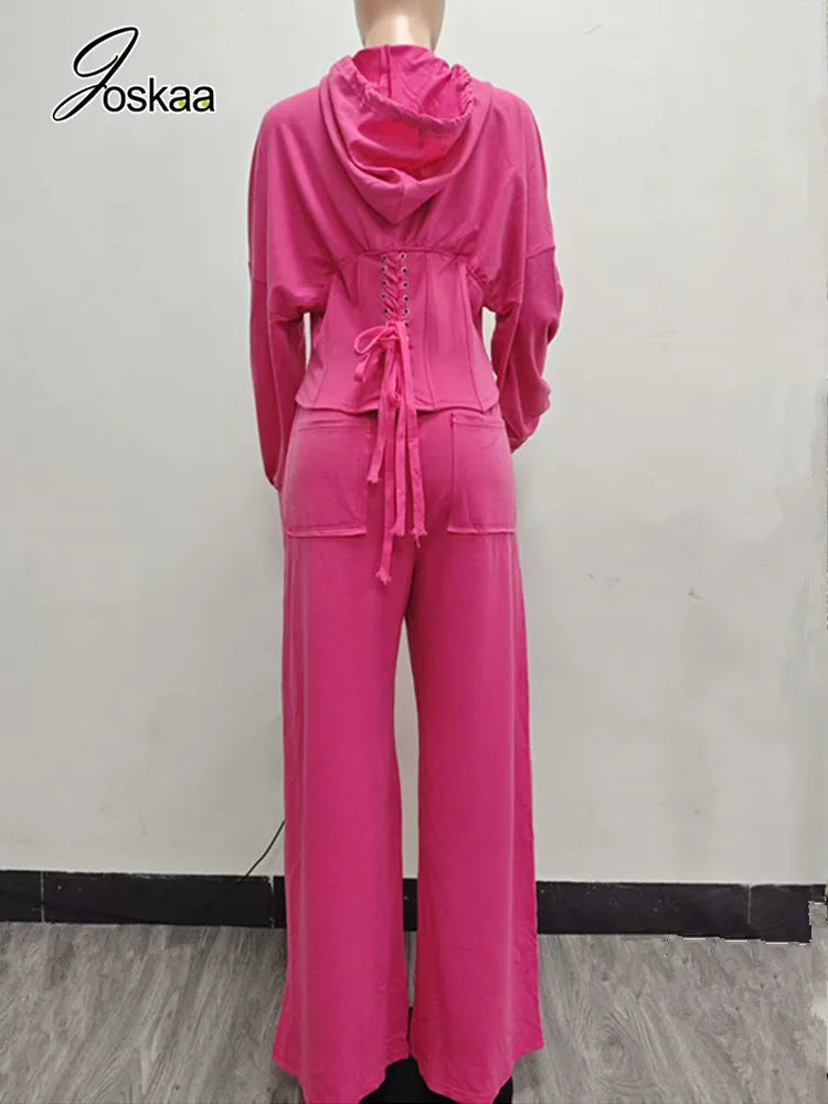 Women's Long Sleeve Zip Hooded Wide Two Piece Set Rose Red – Detail View