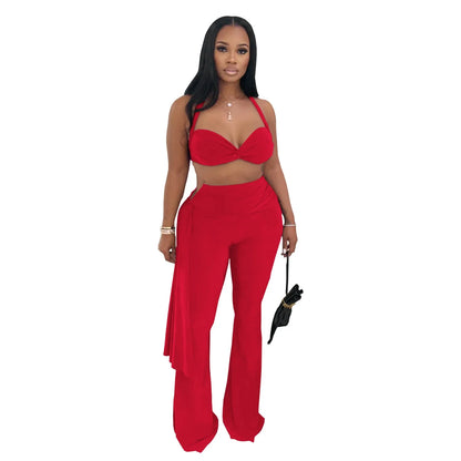Women's Ruched Backless Halter Two Piece Set