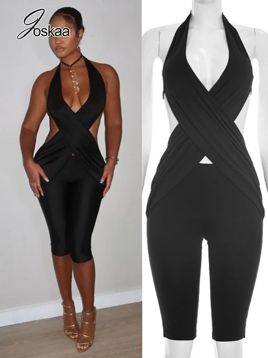 Women's V-neck Halter Bodycon Romper - Women's Fashion Wholesale - Front View