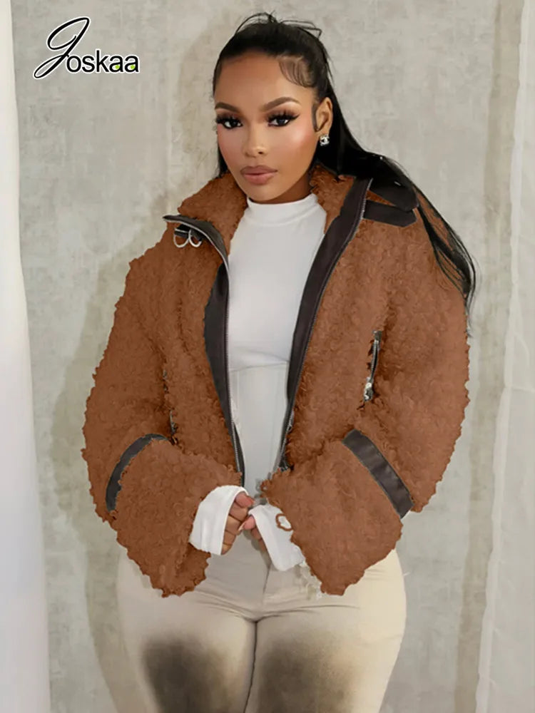 Women's Faux Leather Long Sleeve Zip Jacket Light Brown – Side View