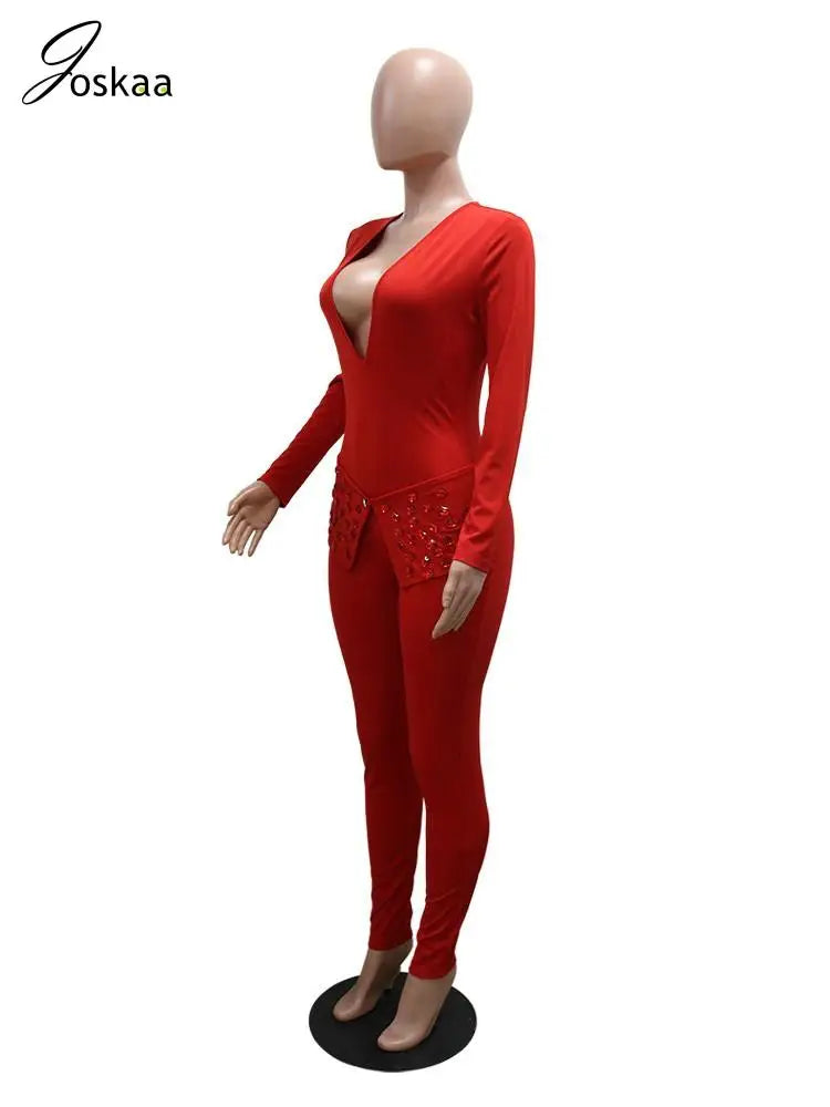 Women's Rhinestone Long Sleeve Bodycon Romper Black – Back View