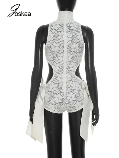 Women's Floral Print Lace Mesh Cutout Romper White – Detail View