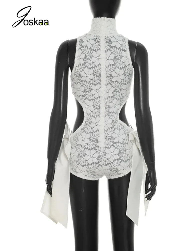 Women's Floral Print Lace Mesh Cutout Romper White – Detail View