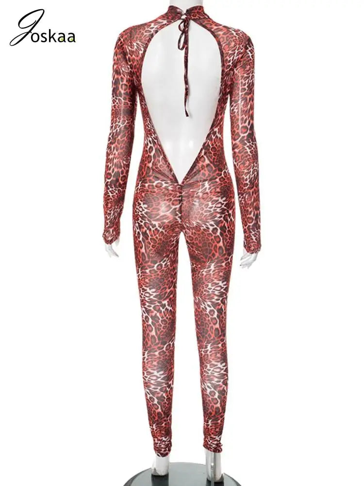 Women's Leopard Print Mesh Backless Romper Red – Detail View