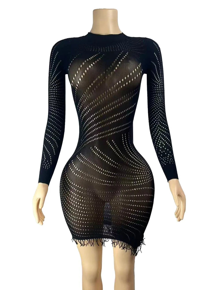 Women's Mesh Cutout Long Sleeve Bodycon Mini Dress - Additional View 9