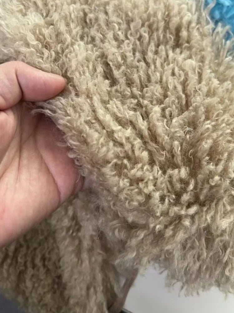 Women's Backless Halter Furry Vests Deep Jacket Khaki – Front View