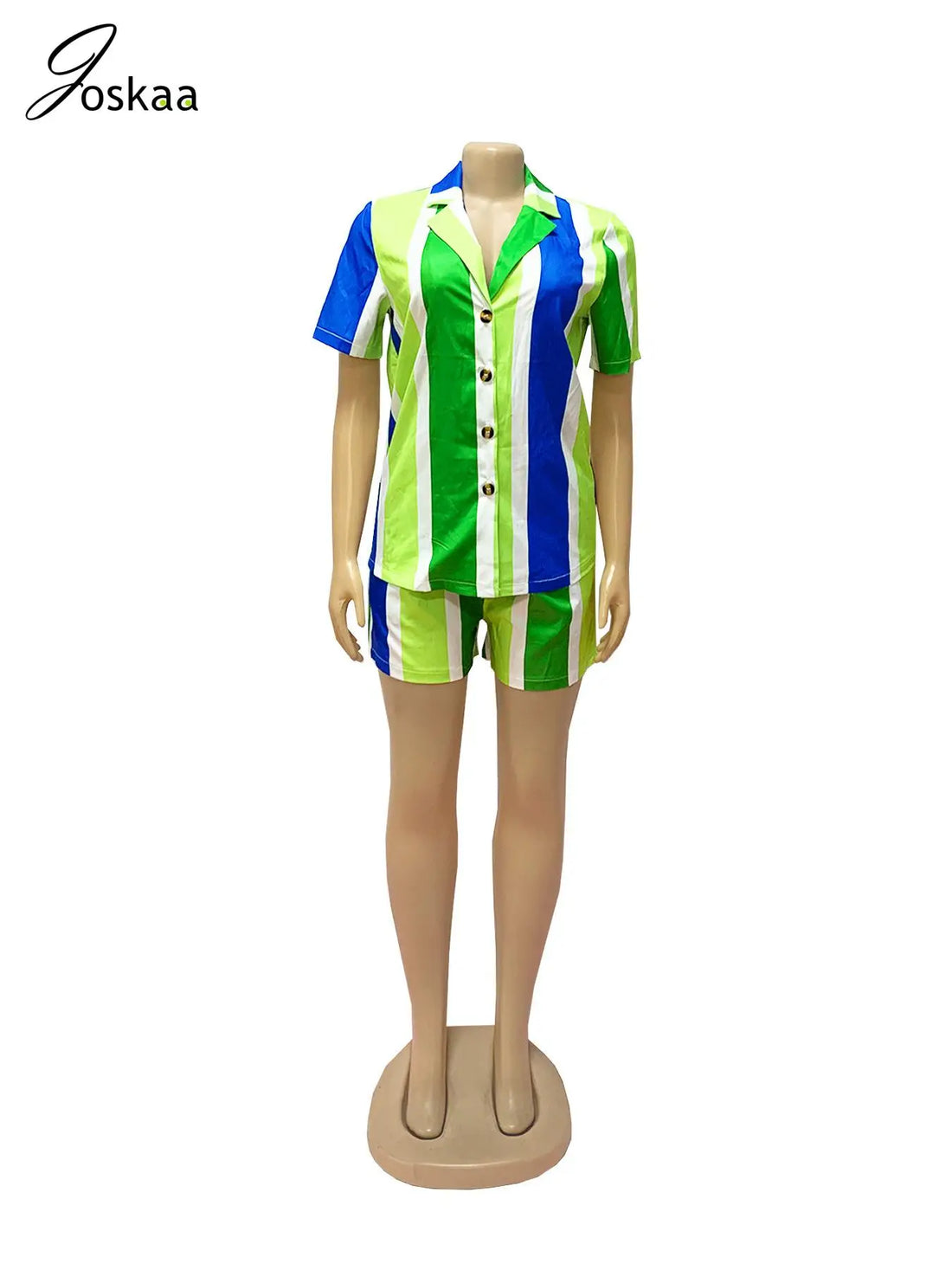 Women's Stripe Short Sleeve Two Piece Bikini Set Green – Front View