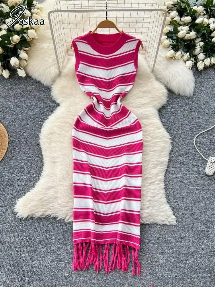Women's Stripe Knit Sleeveless Bodycon Dress Rose Red – Back View