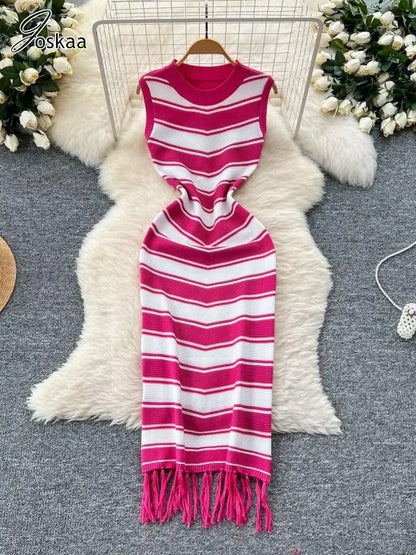 Women's Stripe Knit Sleeveless Bodycon Dress Rose Red – Back View