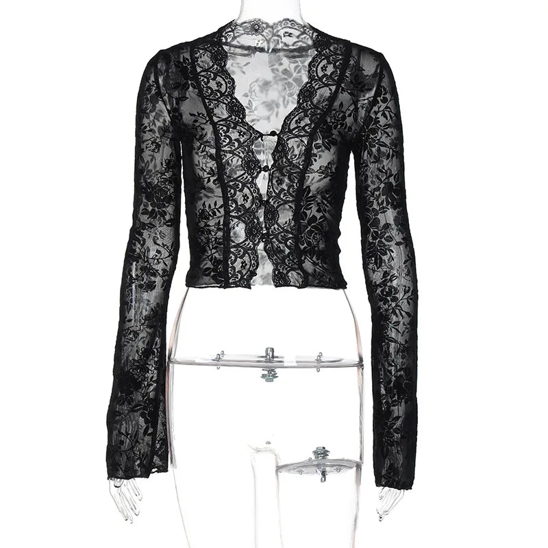 Women's Floral Print Mesh Long Sleeve Top