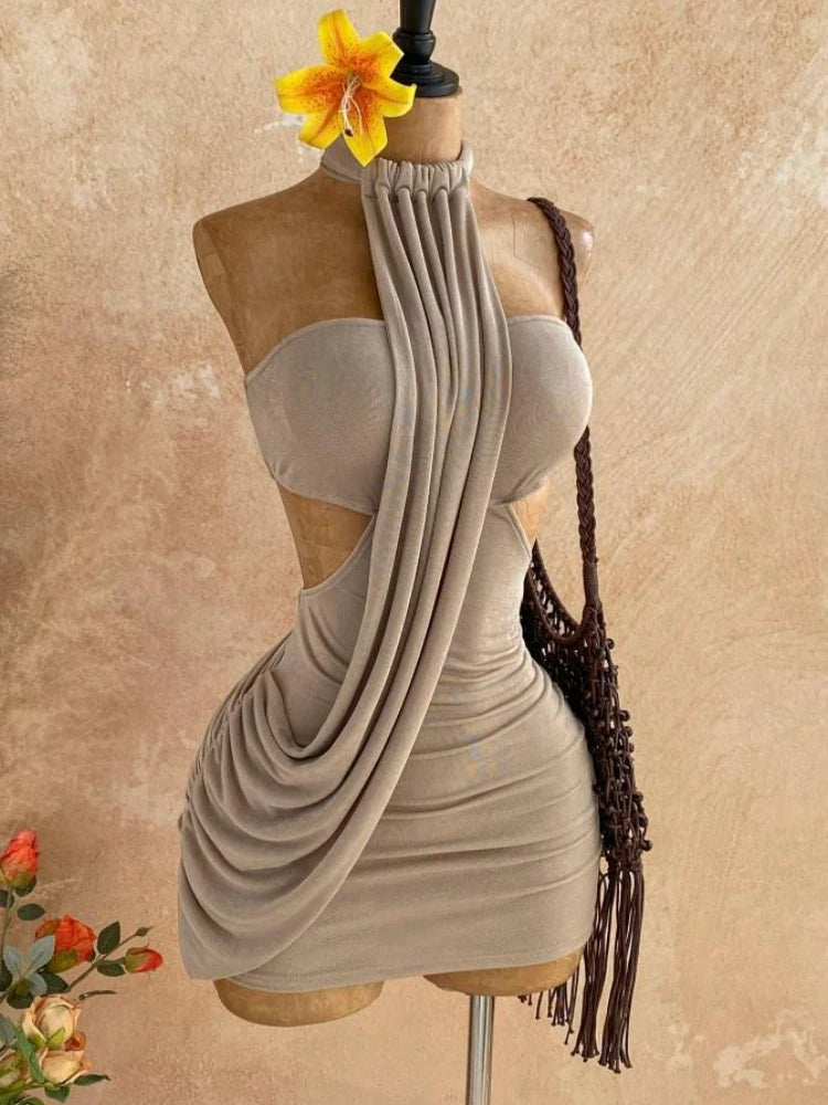 Joskaa Sexy Backless Irregular Halter Neck Mini Dress Women Asymmetrical Hem Bandage Wrap Design Slim Fit Dresses Party Clubwear