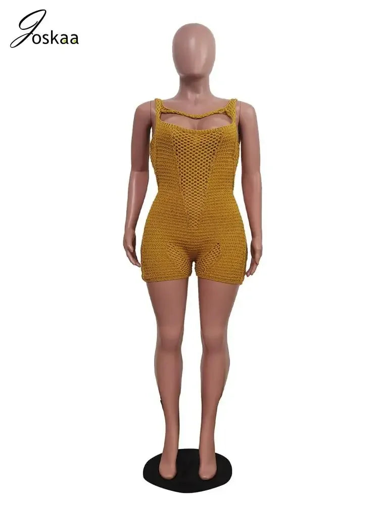 Women's Knit Backless Sleeveless Bodycon Romper Yellow – Detail View