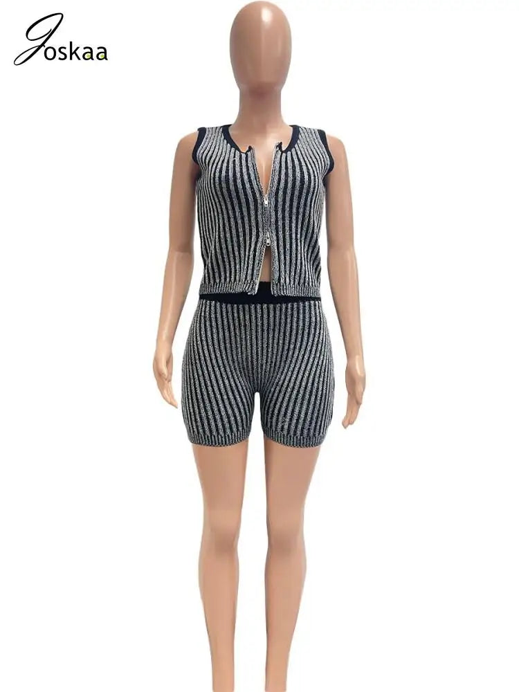 Women's Stripe Knit Crop Ribbed Zip Two Bikini Set Light Brown – Detail View
