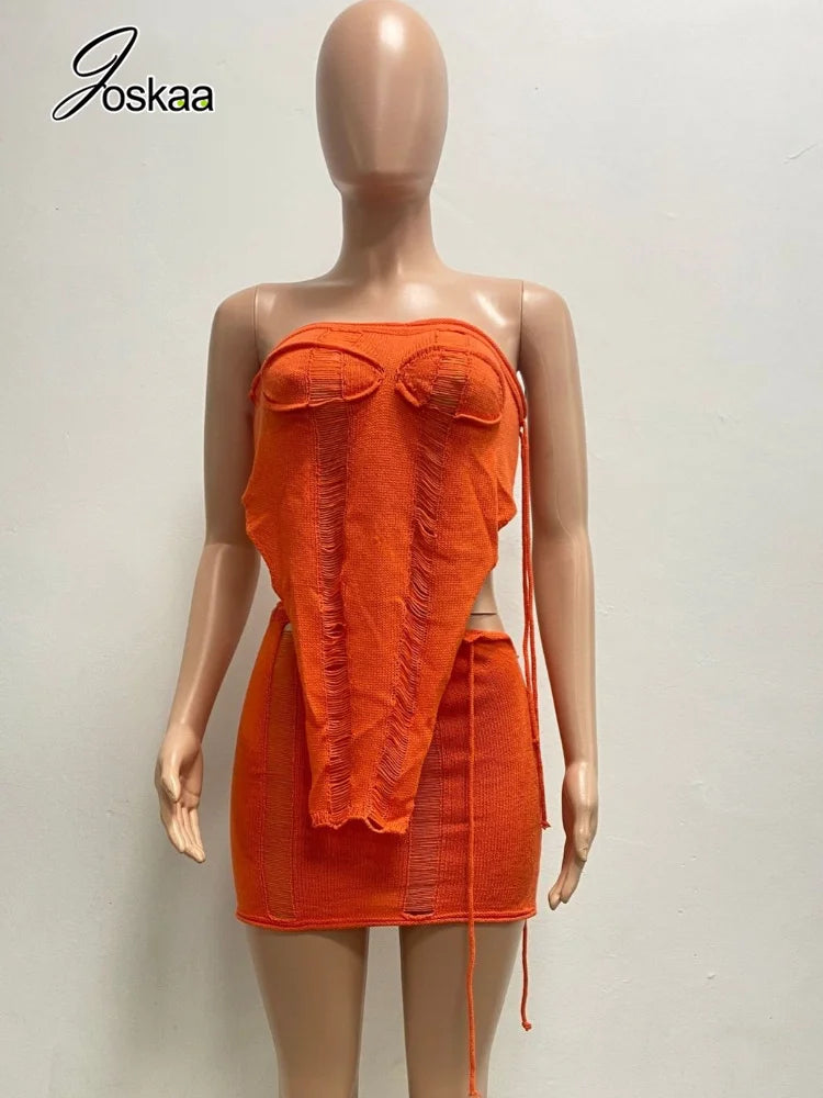 Women's Ribbed Knit Strapless One Shoulder Two Piece Set - Detail View