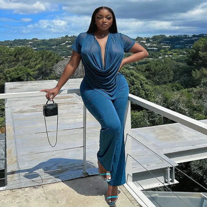 Women's Mesh Flare Deep V-neck Two Piece Set