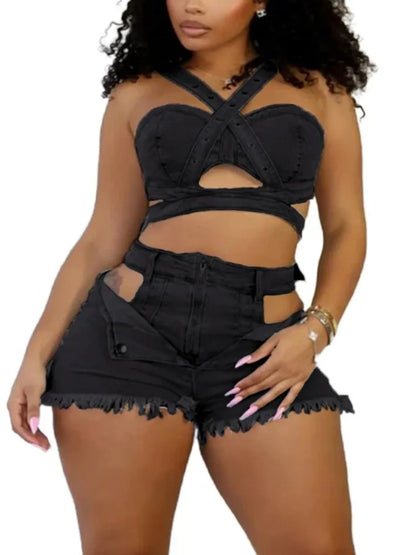 Women's Denim Cutout Stretch Irregular Tank Two Piece Set