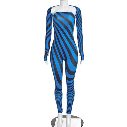 Women's Striped Strapless Long Sleeve Bodycon Two Piece Set - Additional View 7