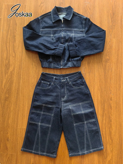 Women's Denim Print Zip Up Long Sleeve Two Piece Set - Model Wearing Style