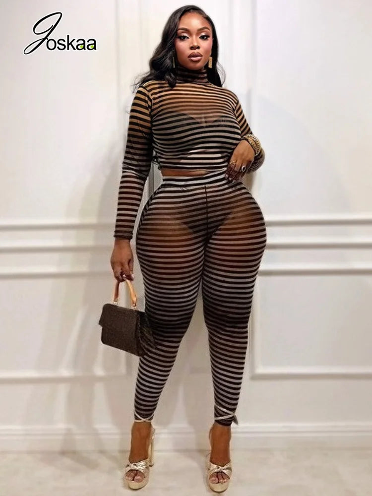 Women's Striped Mesh Long Sleeve High Waist Two Piece Set - Side View